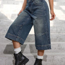 EZwear Pantalones Jeans de siete puntos y pierna ancha para mujeres con ajuste suelto y bolsillos