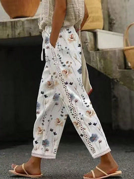 Lune pantalon largo casual y de moda con impresion, diseno de empalme de encaje con abertura y ribete de encaje