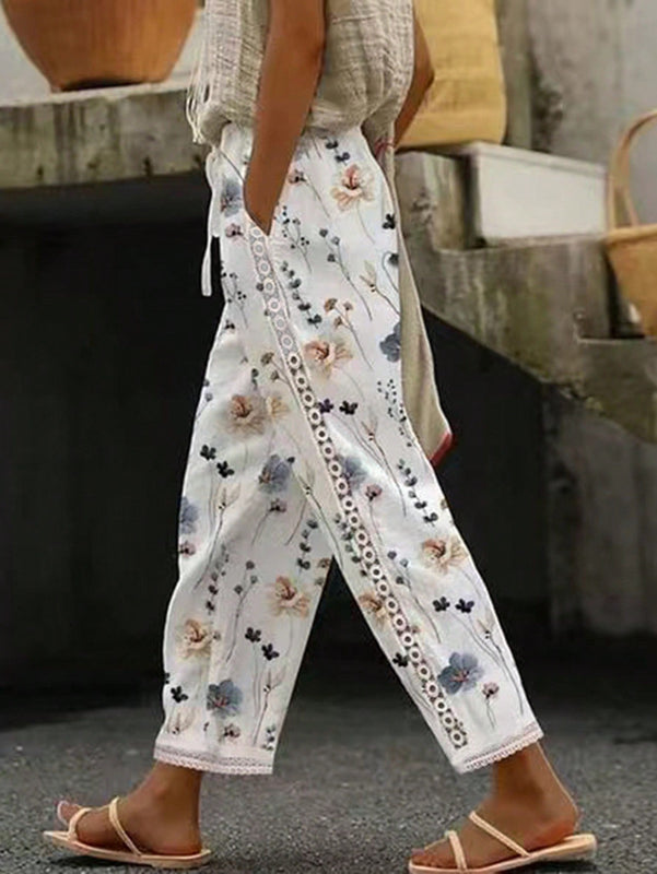 Lune pantalon largo casual y de moda con impresion, diseno de empalme de encaje con abertura y ribete de encaje