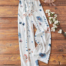 Lune pantalon largo casual y de moda con impresion, diseno de empalme de encaje con abertura y ribete de encaje
