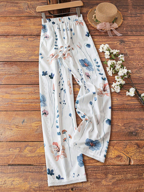 Lune pantalon largo casual y de moda con impresion, diseno de empalme de encaje con abertura y ribete de encaje