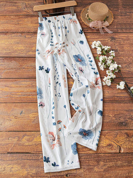 LUNE Pantalon largo casual y de moda con impresion, diseno de empalme de encaje con abertura y ribete de encaje