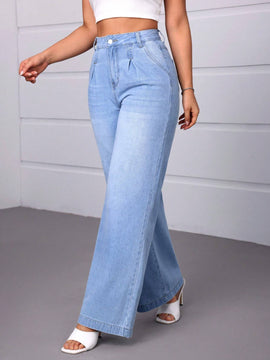 Essnce Jeans casuales de mezclilla para mujeres con corte amplio y pliegues con bolsillos