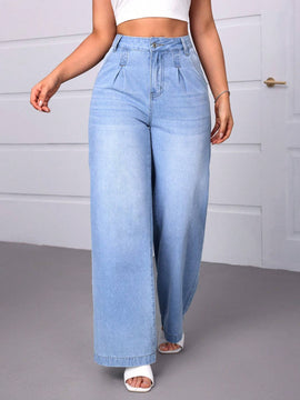 Essnce Jeans casuales de mezclilla para mujeres con corte amplio y pliegues con bolsillos