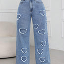 SXY Jeans holgados de pierna recta de moda con dobladillo deshilachado y bolsillos traseros con forma de corazon
