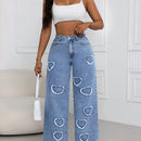 SXY Jeans holgados de pierna recta de moda con dobladillo deshilachado y bolsillos traseros con forma de corazon