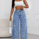 SXY Jeans holgados de pierna recta de moda con dobladillo deshilachado y bolsillos traseros con forma de corazon
