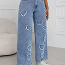 SXY Jeans holgados de pierna recta de moda con dobladillo deshilachado y bolsillos traseros con forma de corazon