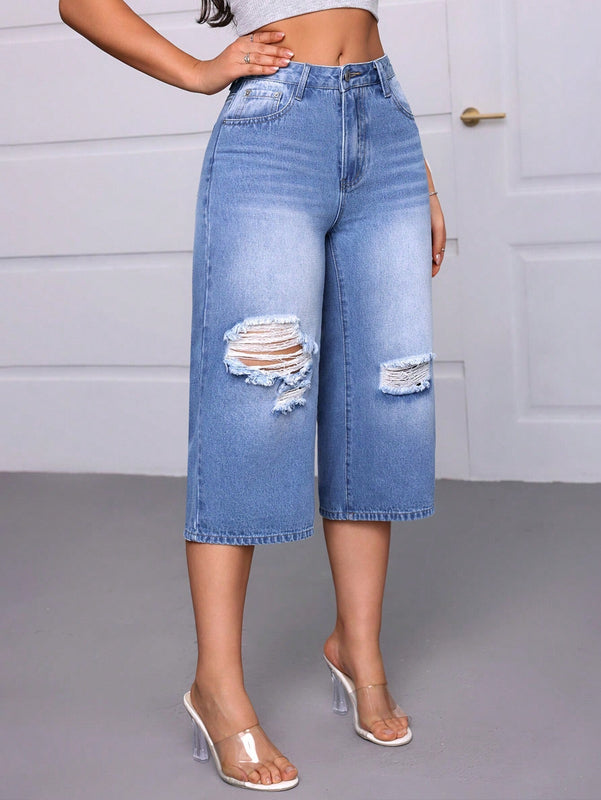 Essnce Jeans informales de mujer cortos y desgastados con bolsillos