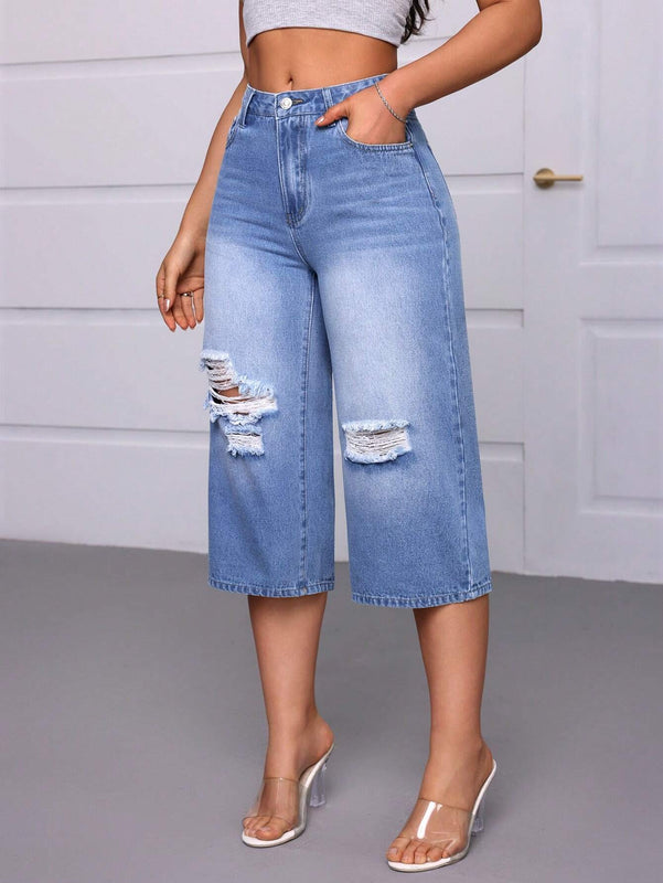 Essnce Jeans informales de mujer cortos y desgastados con bolsillos