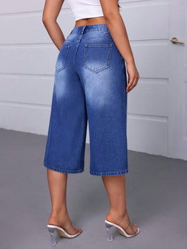Essnce Pantalones capri de mezclilla de pierna ancha y corte holgado para mujer con bolsillos