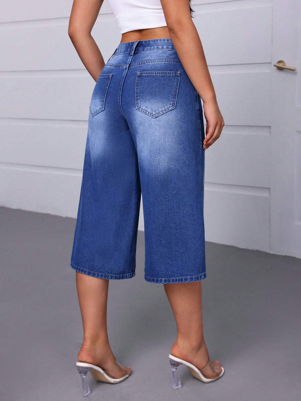 Essnce Pantalones capri de mezclilla de pierna ancha y corte holgado para mujer con bolsillos