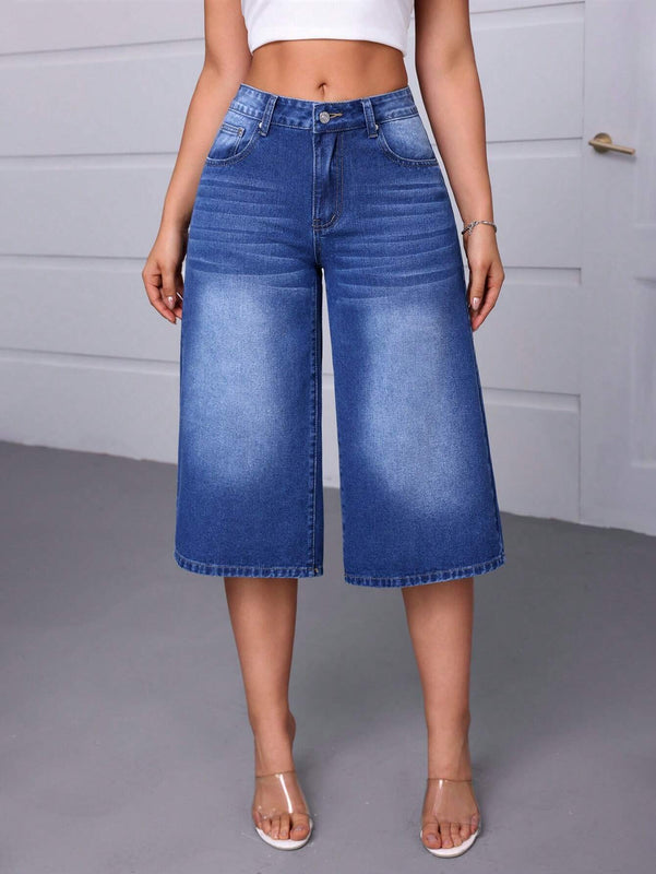 Essnce Pantalones capri de mezclilla de pierna ancha y corte holgado para mujer con bolsillos