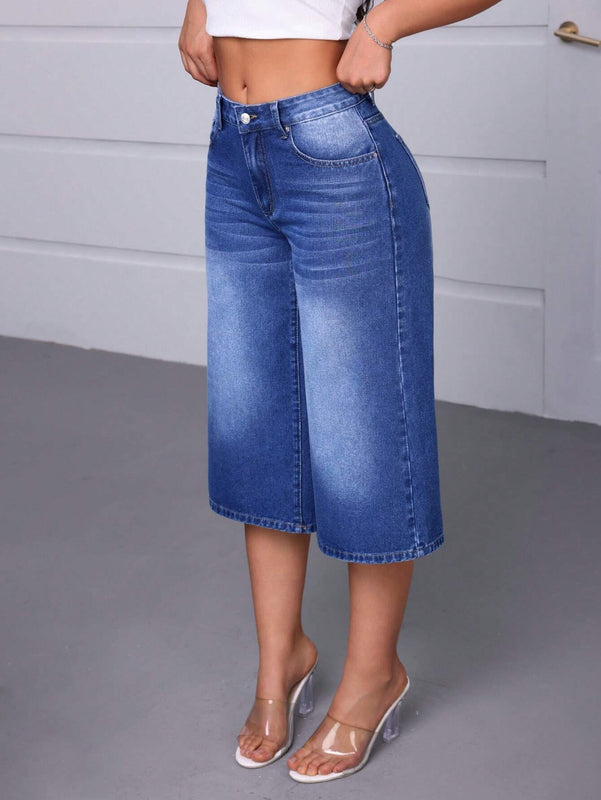 Essnce Pantalones capri de mezclilla de pierna ancha y corte holgado para mujer con bolsillos