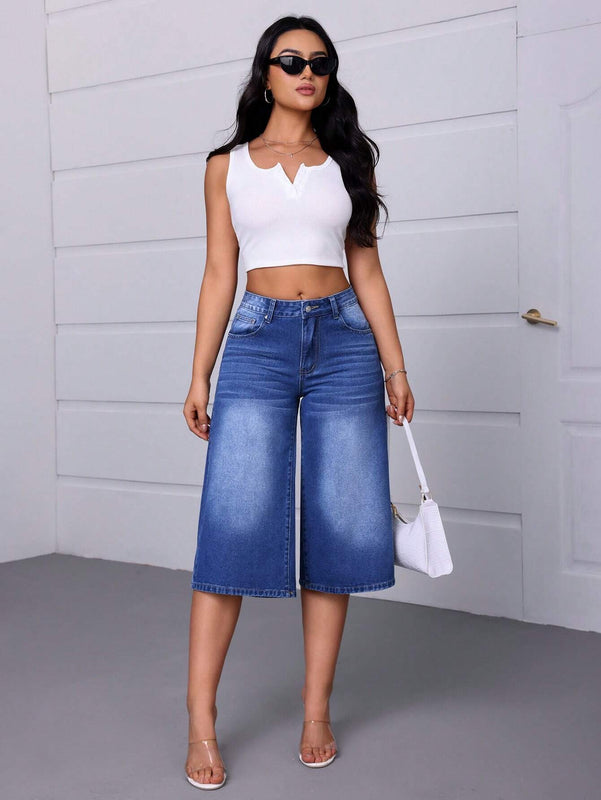Essnce Pantalones capri de mezclilla de pierna ancha y corte holgado para mujer con bolsillos