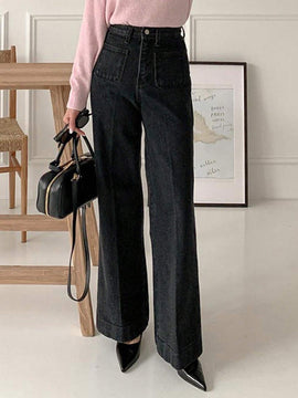 DAZY Pantalones de mezclilla sueltos y rectos con pliegues para mujer para uso diario al ir al trabajo