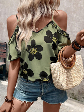 Blusa casual de verano para mujer con hombros descubiertos e impresion floral
