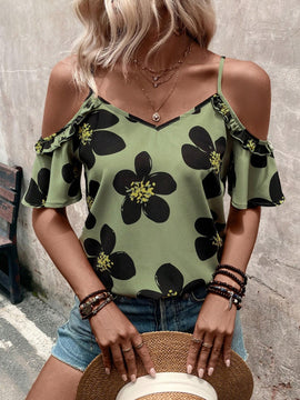 Blusa casual de verano para mujer con hombros descubiertos e impresion floral