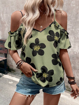 Blusa casual de verano para mujer con hombros descubiertos e impresion floral