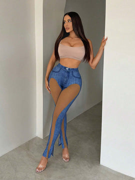 SXY Pantalones largos con forma de herradura con parches de malla translucida de estampado de mezclilla, ropa sexy de orgullo occidental para usar en Conjunto de cumpleanos, despedida de soltera, conciertos, clubs y fiestas de graduacion