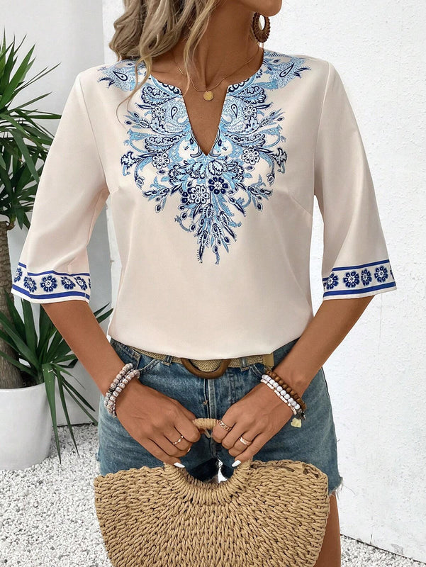 Camisa casual de vacaciones para mujer con cuello en V, manga media y ajuste regular