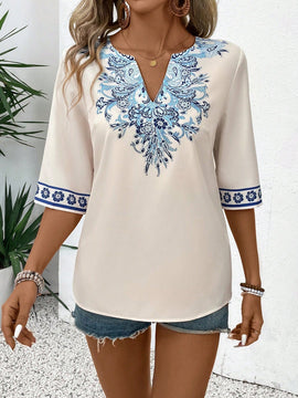 Camisa casual de vacaciones para mujer con cuello en V, manga media y ajuste regular