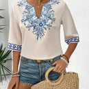 Camisa casual de vacaciones para mujer con cuello en V, manga media y ajuste regular