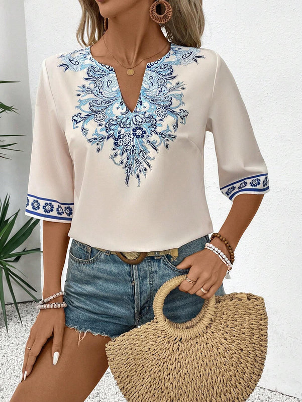 Camisa casual de vacaciones para mujer con cuello en V, manga media y ajuste regular