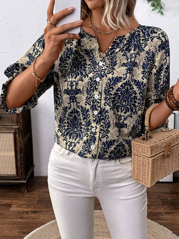 Camisa de manga raglan suelta casual de mujer con estampado de plantas para vacaciones