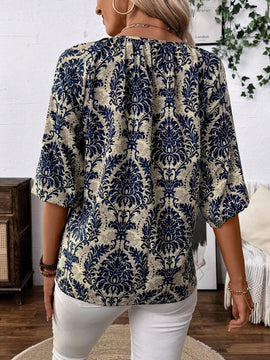 Camisa de manga raglan suelta casual de mujer con estampado de plantas para vacaciones