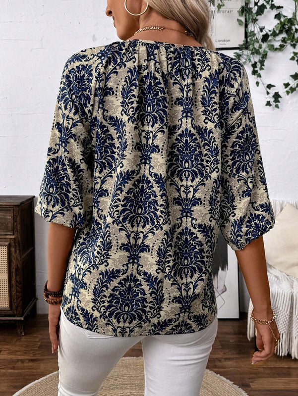 Camisa de manga raglan suelta casual de mujer con estampado de plantas para vacaciones