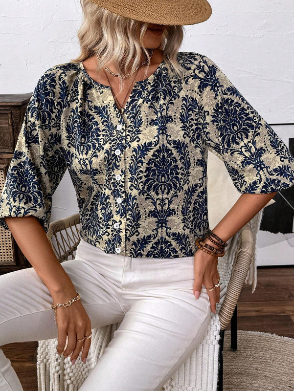 Camisa de manga raglan suelta casual de mujer con estampado de plantas para vacaciones