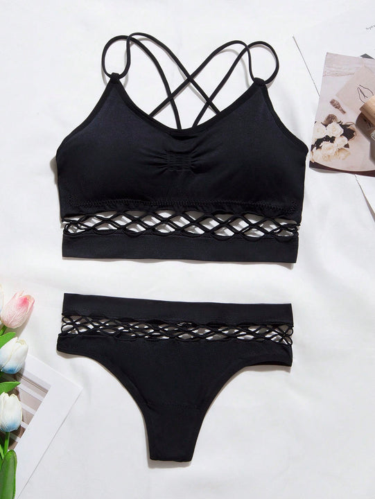 Conjunto de Brasier femenino sin costuras en unicolor con pliegues y detalles ahuecados