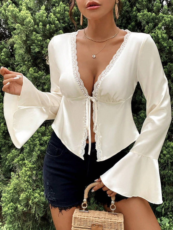 Camisa de manga larga de seda tejida de unicolor para mujer, con diseno regular de frente abierto y manga acampanada con ribete de volantes, tejido de imitacion de seda, estilo dinero antiguo, ideal para vacaciones