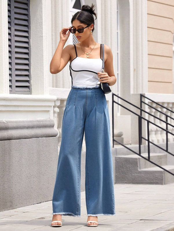 Essnce Jeans informales de corte holgado para mujer con parche de cintura, dobladillo deshilachado y pliegues