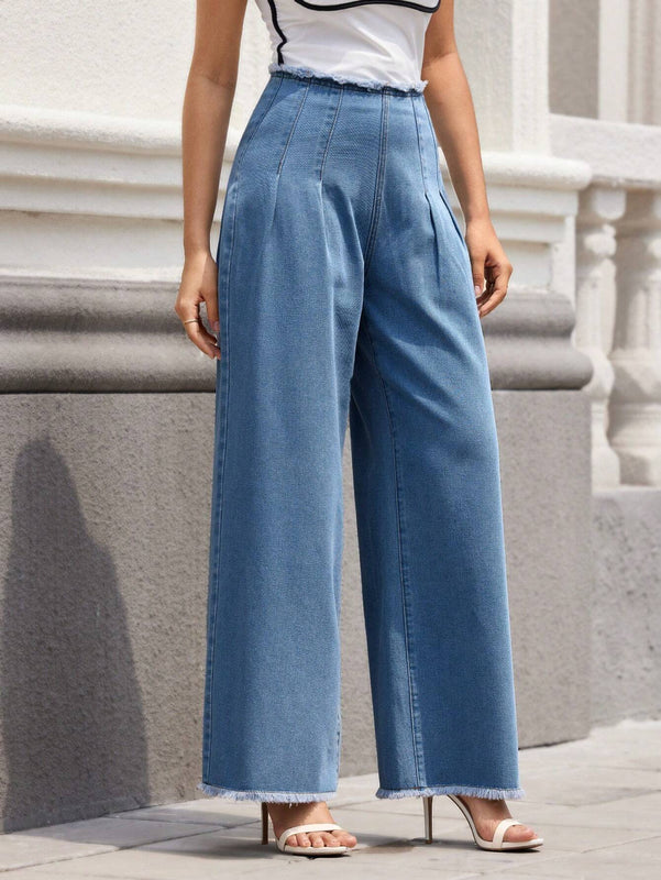 Essnce Jeans informales de corte holgado para mujer con parche de cintura, dobladillo deshilachado y pliegues