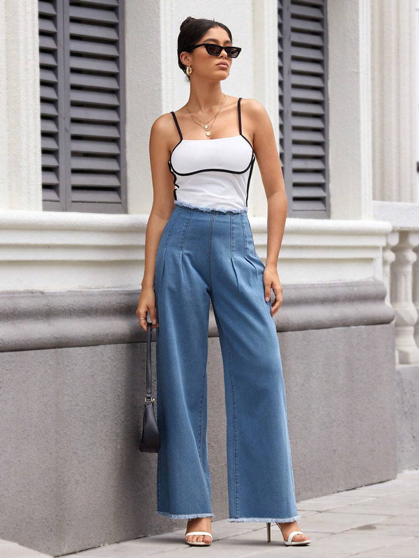 Essnce Jeans informales de corte holgado para mujer con parche de cintura, dobladillo deshilachado y pliegues