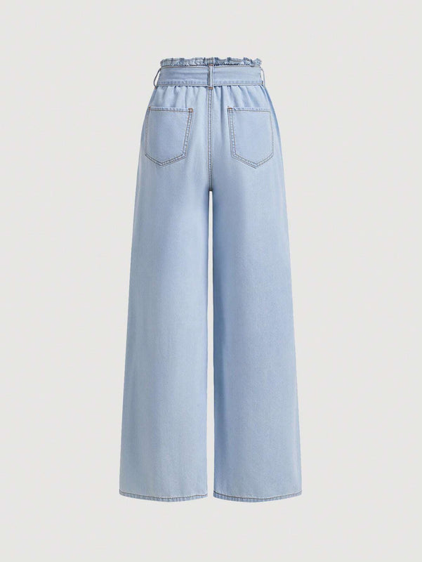 MOD Jeans casuales de pierna ancha para mujer con cintura de nudo y dobladillo acampanado