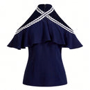 MOTF PREMIUM Blusa con hombros descubiertos, cinta de onda en contraste y ribete de volantes