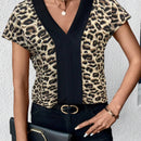 Camisa de manga corta de verano con cuello en V y estampado de leopardo