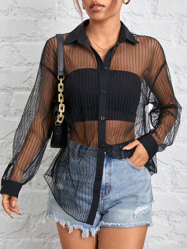 Camisa negra de malla transparente para mujer