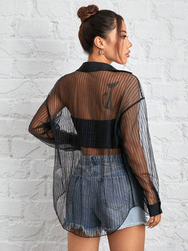 Camisa negra de malla transparente para mujer