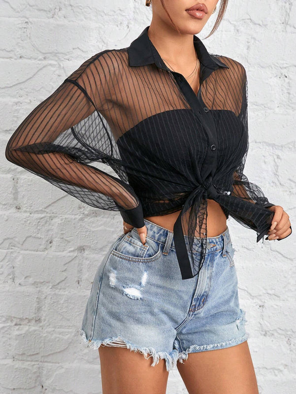 Camisa negra de malla transparente para mujer