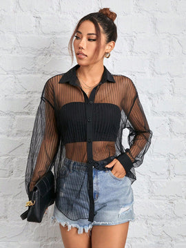 Camisa negra de malla transparente para mujer