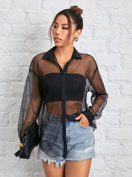 Camisa negra de malla transparente para mujer
