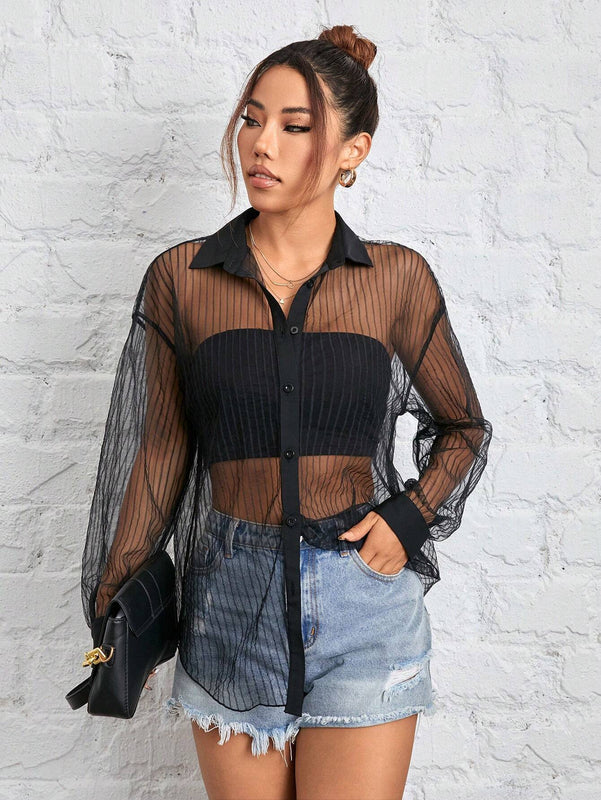 Camisa negra de malla transparente para mujer