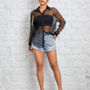 Camisa negra de malla transparente para mujer