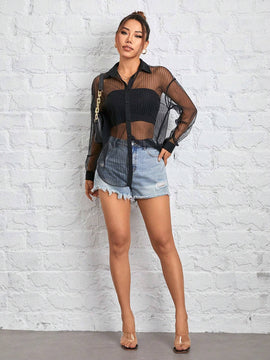 Camisa negra de malla transparente para mujer