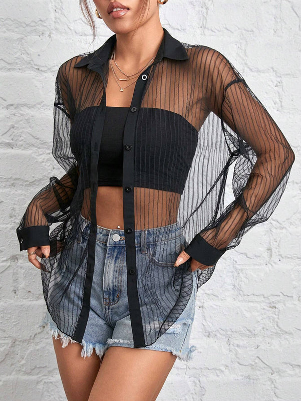 Camisa negra de malla transparente para mujer