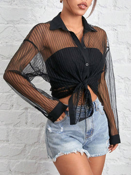 Camisa negra de malla transparente para mujer